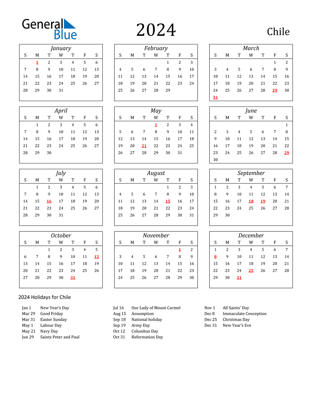 2024 Chile Calendar with Holidays