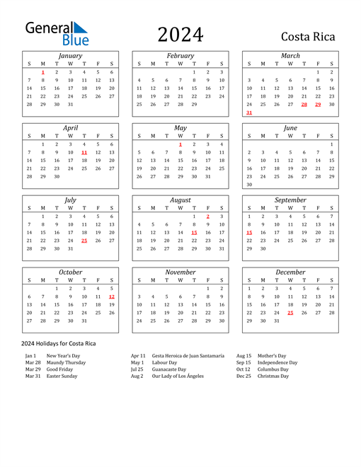 2024 Costa Rica Holiday Calendar