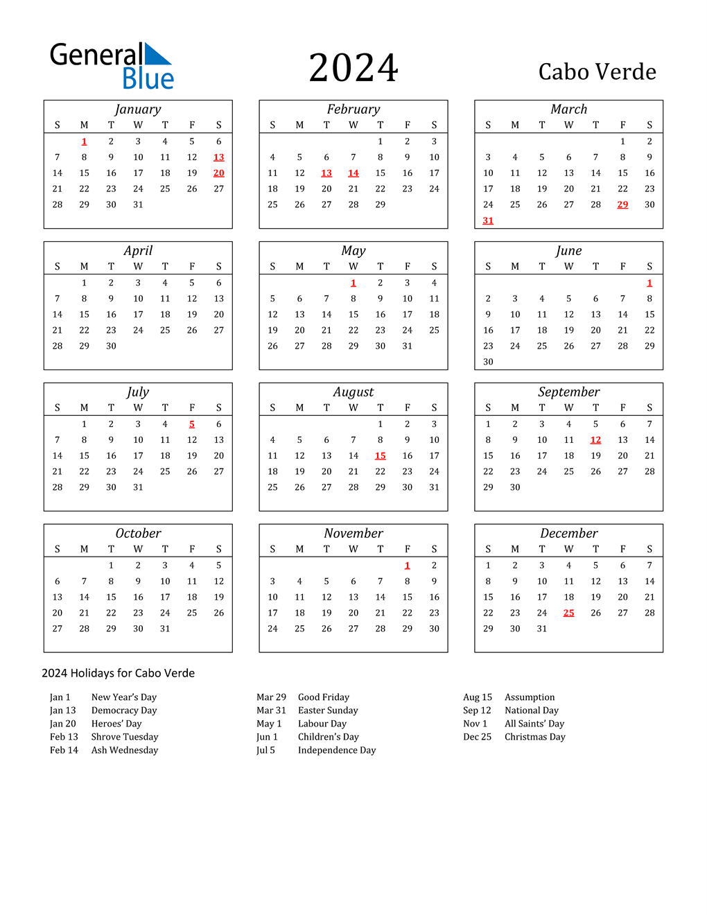 2024 Cabo Verde Calendar with Holidays