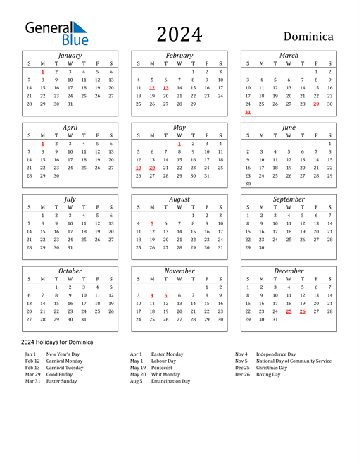 2024 Dominica Holiday Calendar
