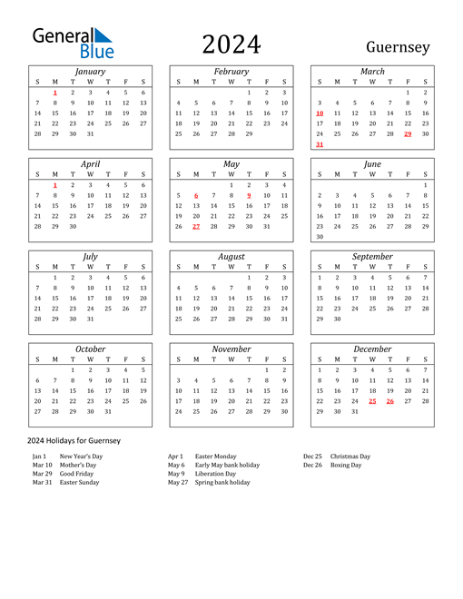 2024 Guernsey Holiday Calendar