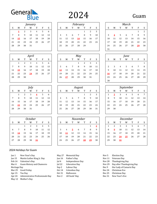 2024 Guam Calendar with Holidays