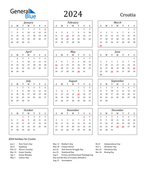 2024 Croatia Holiday Calendar