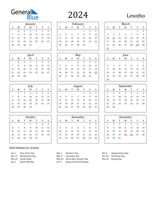 2024 Lesotho Holiday Calendar