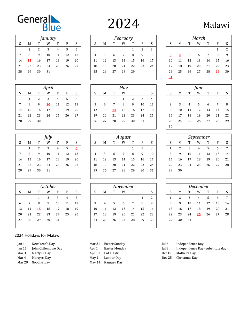 2024 Malawi Calendar with Holidays