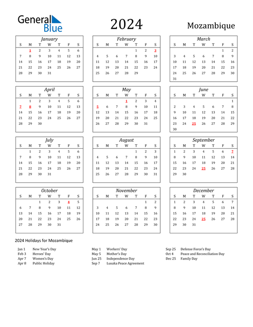 2024 Mozambique Calendar with Holidays