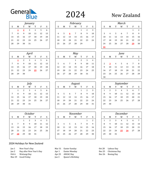 Printable Calendar 2024 Nz