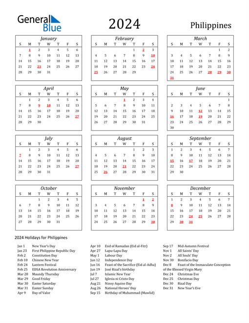 2023 Philippines Calendar With Holidays 2024 Calendar With Holidays Free Printable 12
