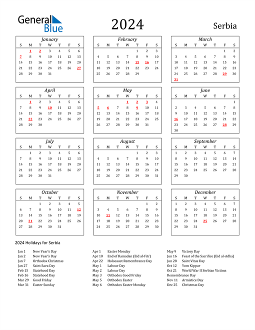 2024 Serbia Calendar with Holidays