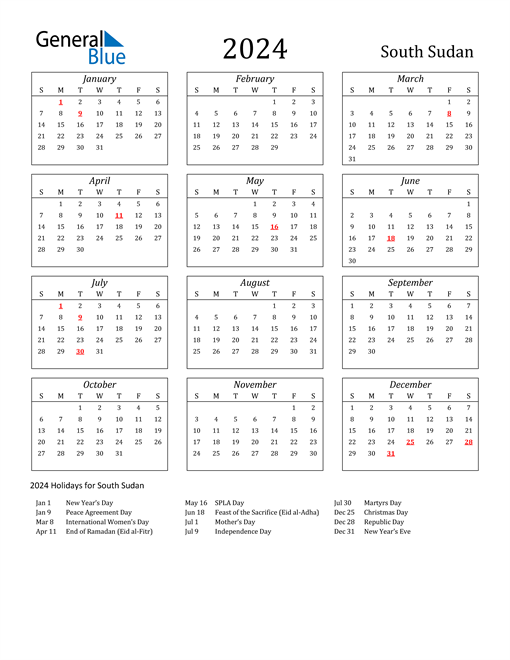 2024 South Sudan Holiday Calendar