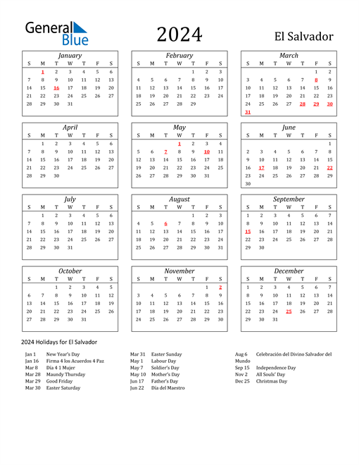 2024 El Salvador Calendar with Holidays