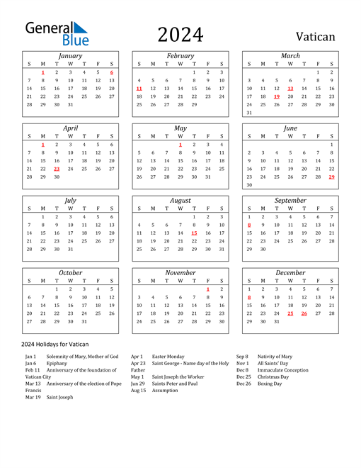 2024 Vatican Holiday Calendar