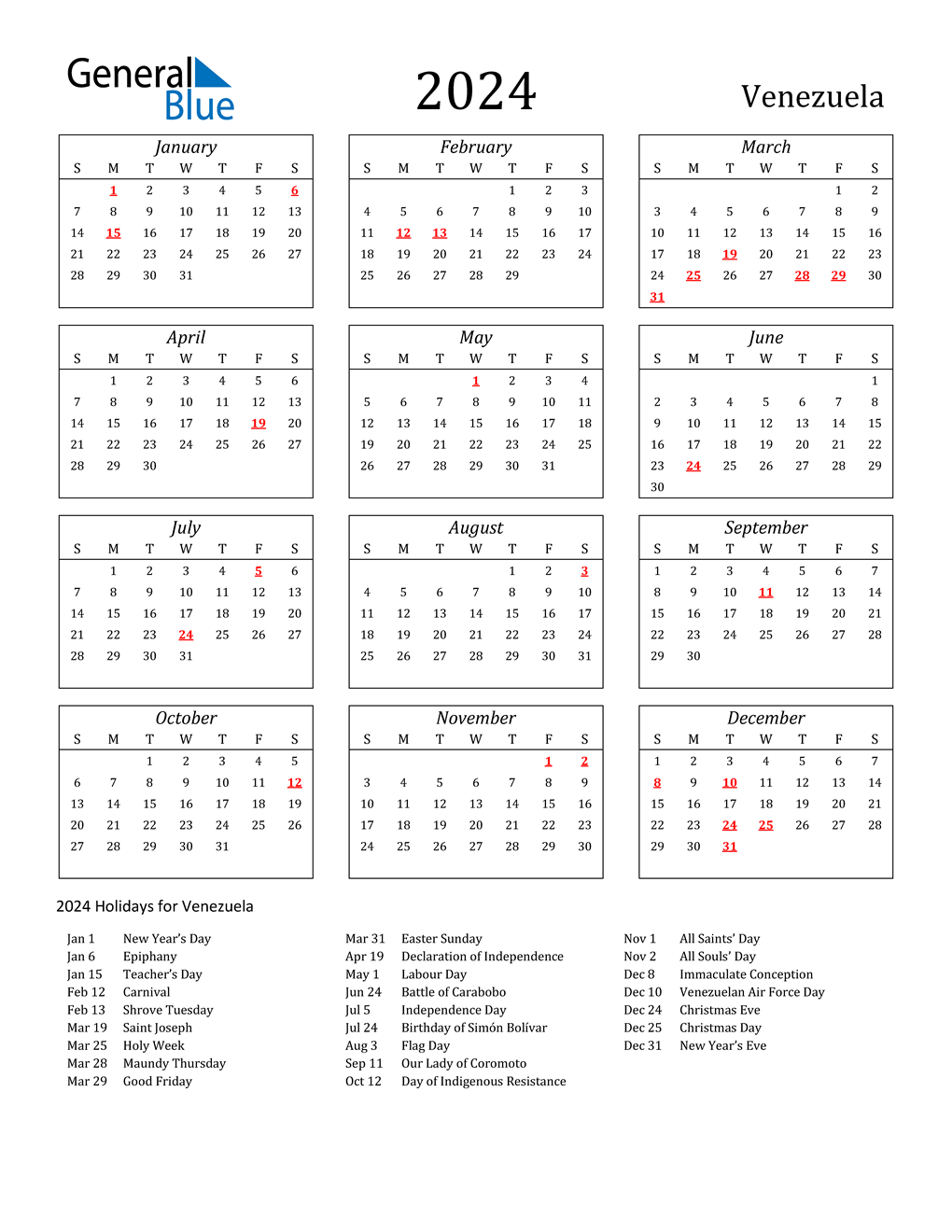 2024 Venezuela Calendar with Holidays