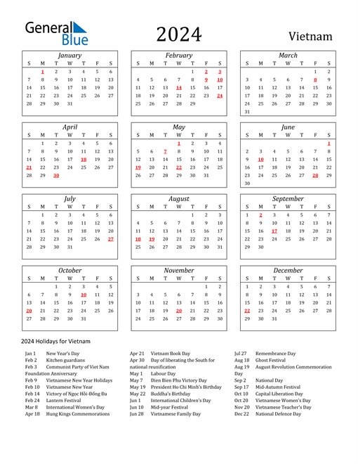 2024 Vietnam Calendar with Holidays