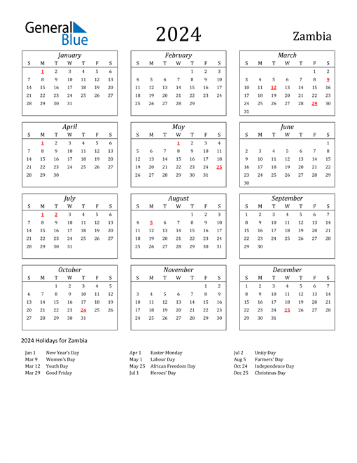 2024 Zambia Holiday Calendar