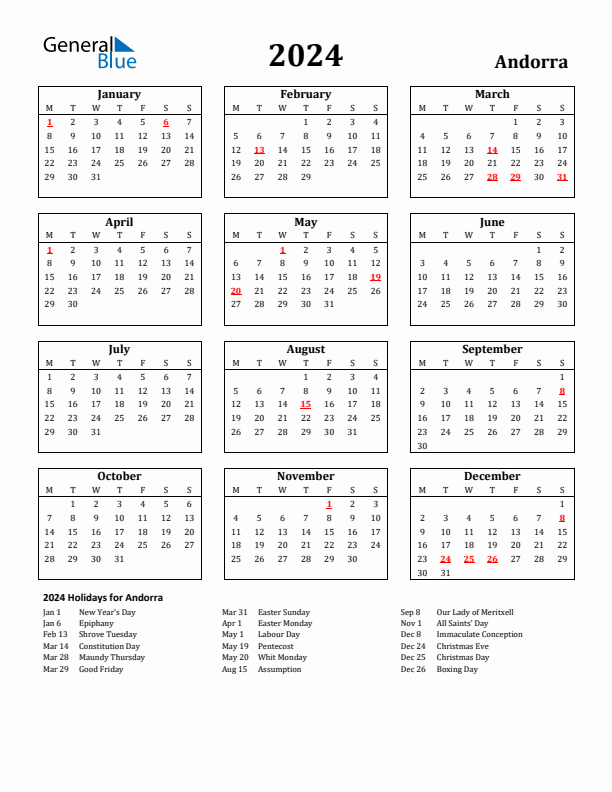 2024 Andorra Holiday Calendar - Monday Start