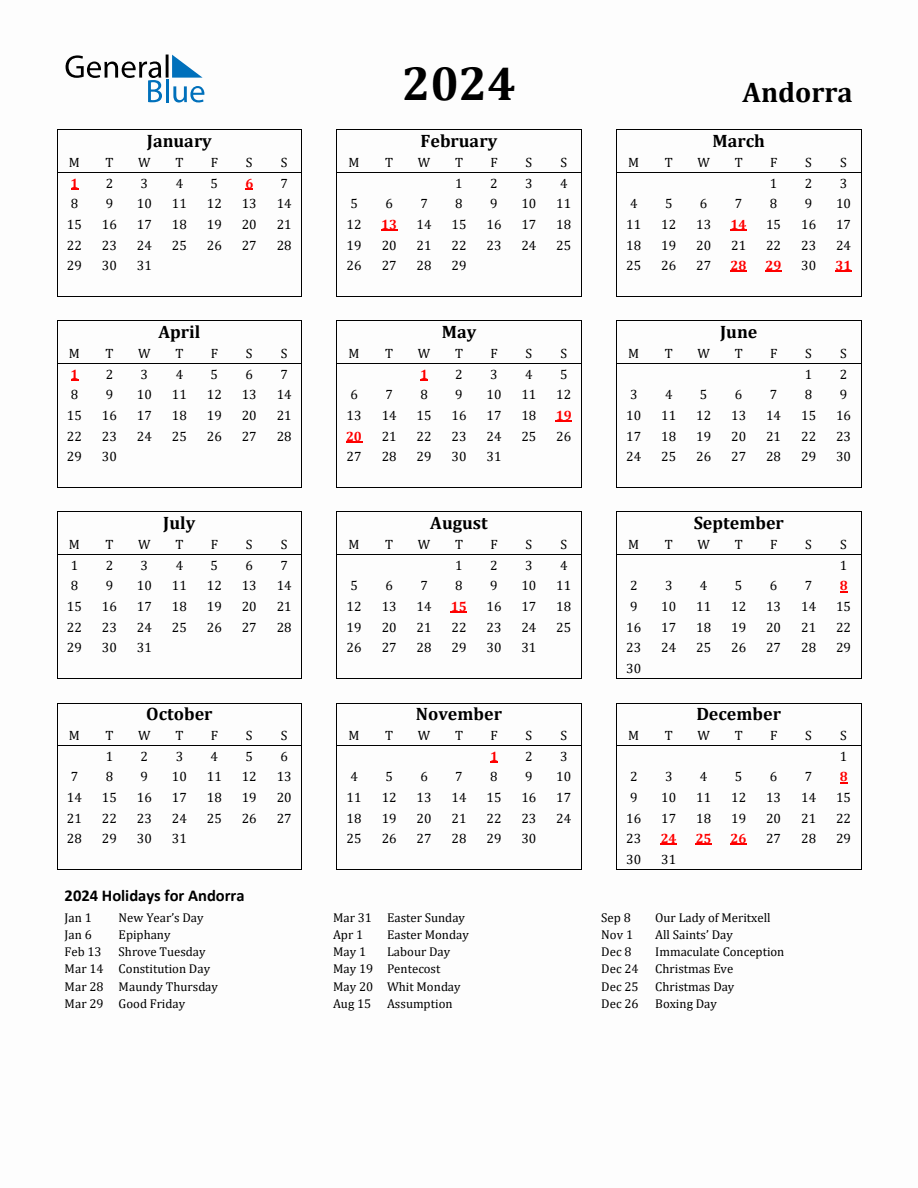 Free Printable 2024 Andorra Holiday Calendar