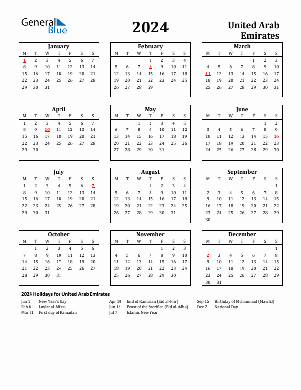 2024 United Arab Emirates Holiday Calendar - Monday Start