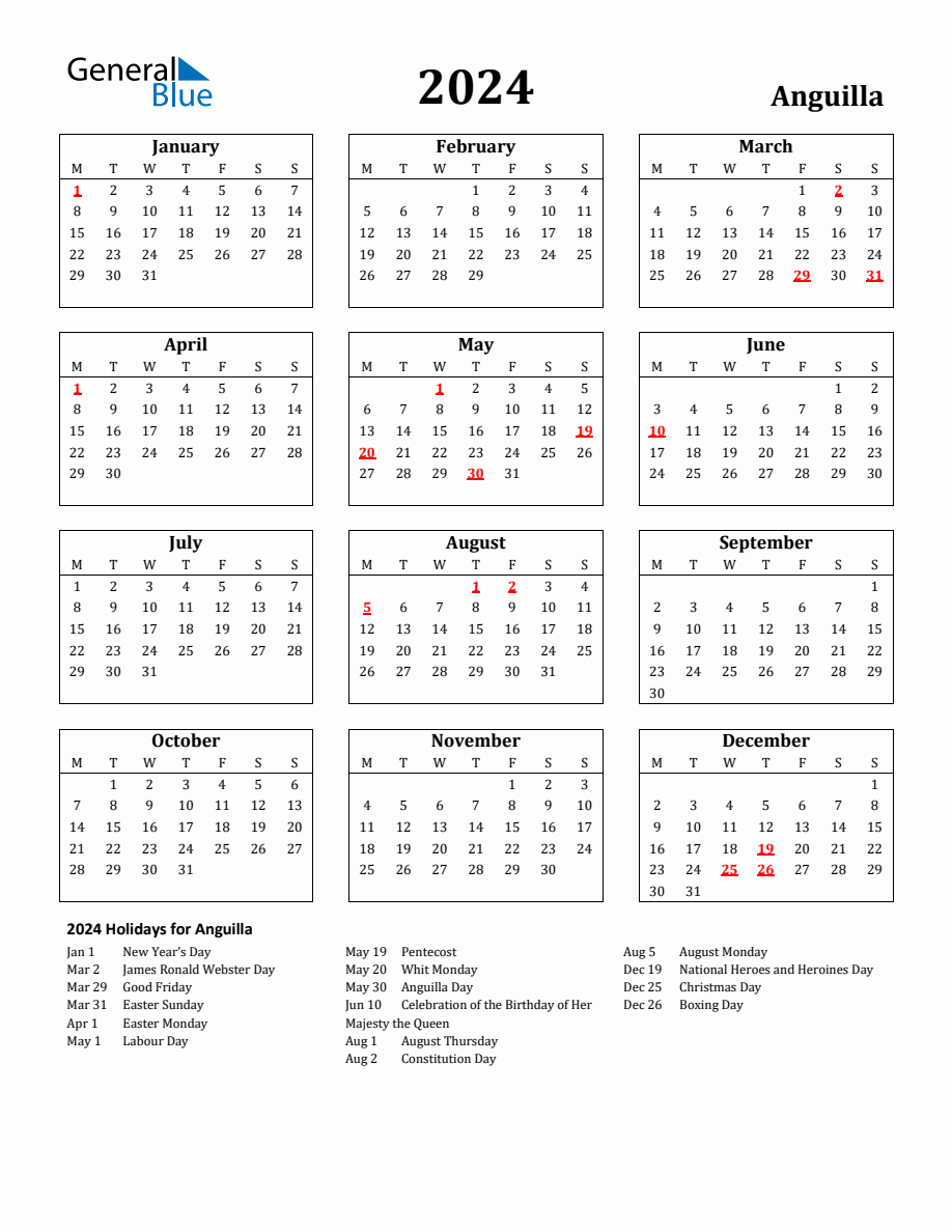 Free Printable 2024 Anguilla Holiday Calendar
