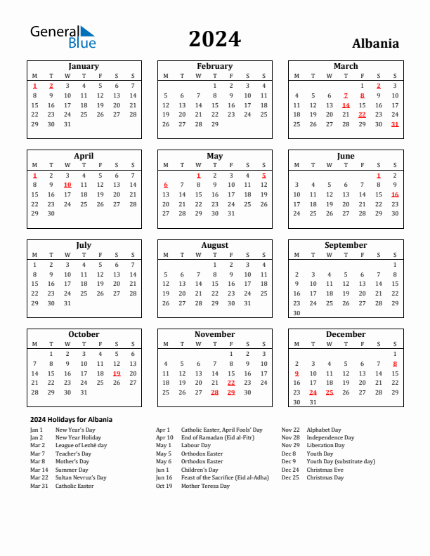 2024 Albania Holiday Calendar - Monday Start
