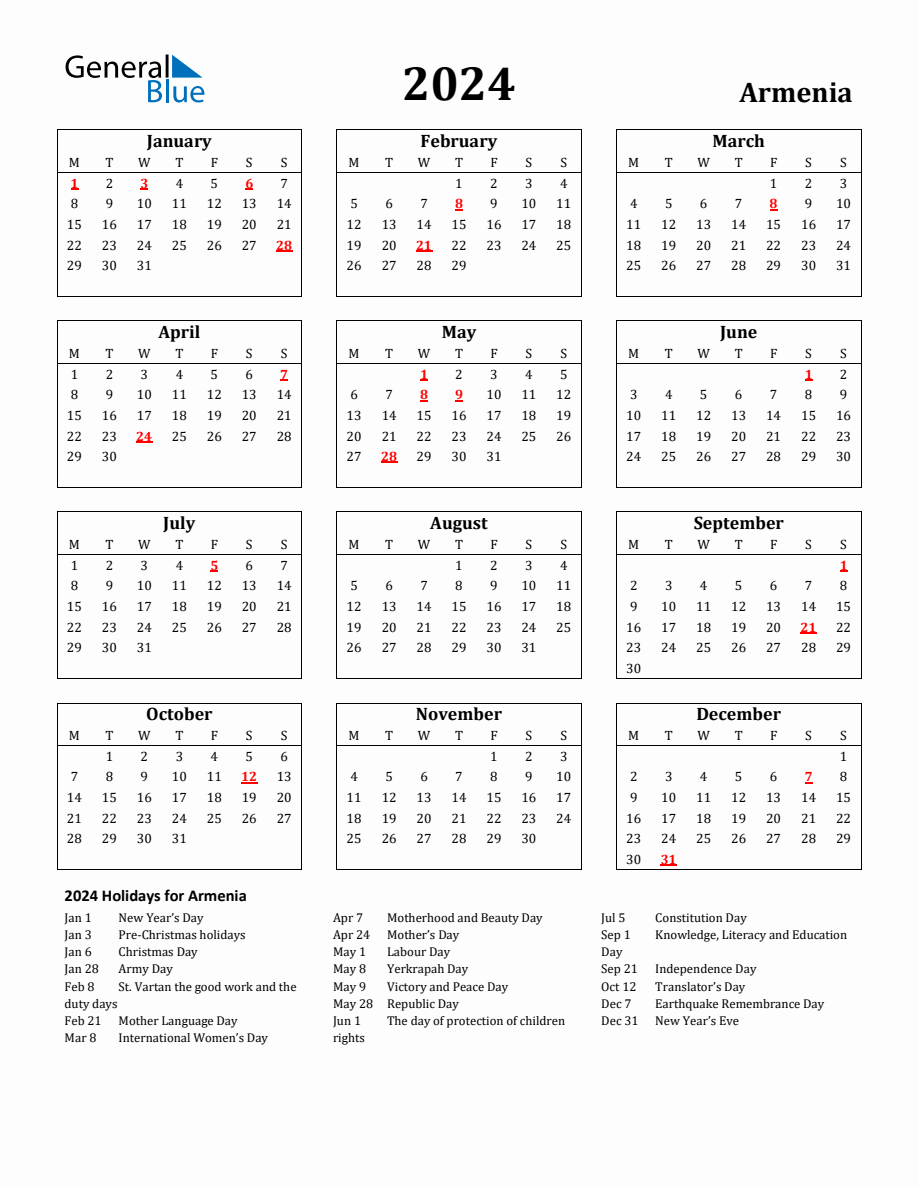 Free Printable 2024 Armenia Holiday Calendar