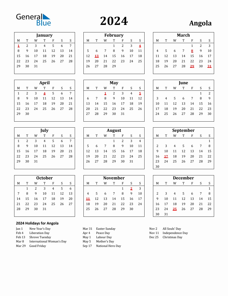 Free Printable 2024 Angola Holiday Calendar