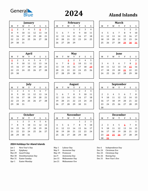 2024 Aland Islands Holiday Calendar - Monday Start