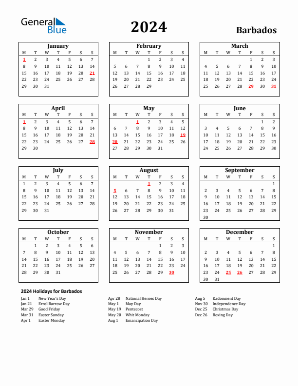 2024 Barbados Holiday Calendar - Monday Start