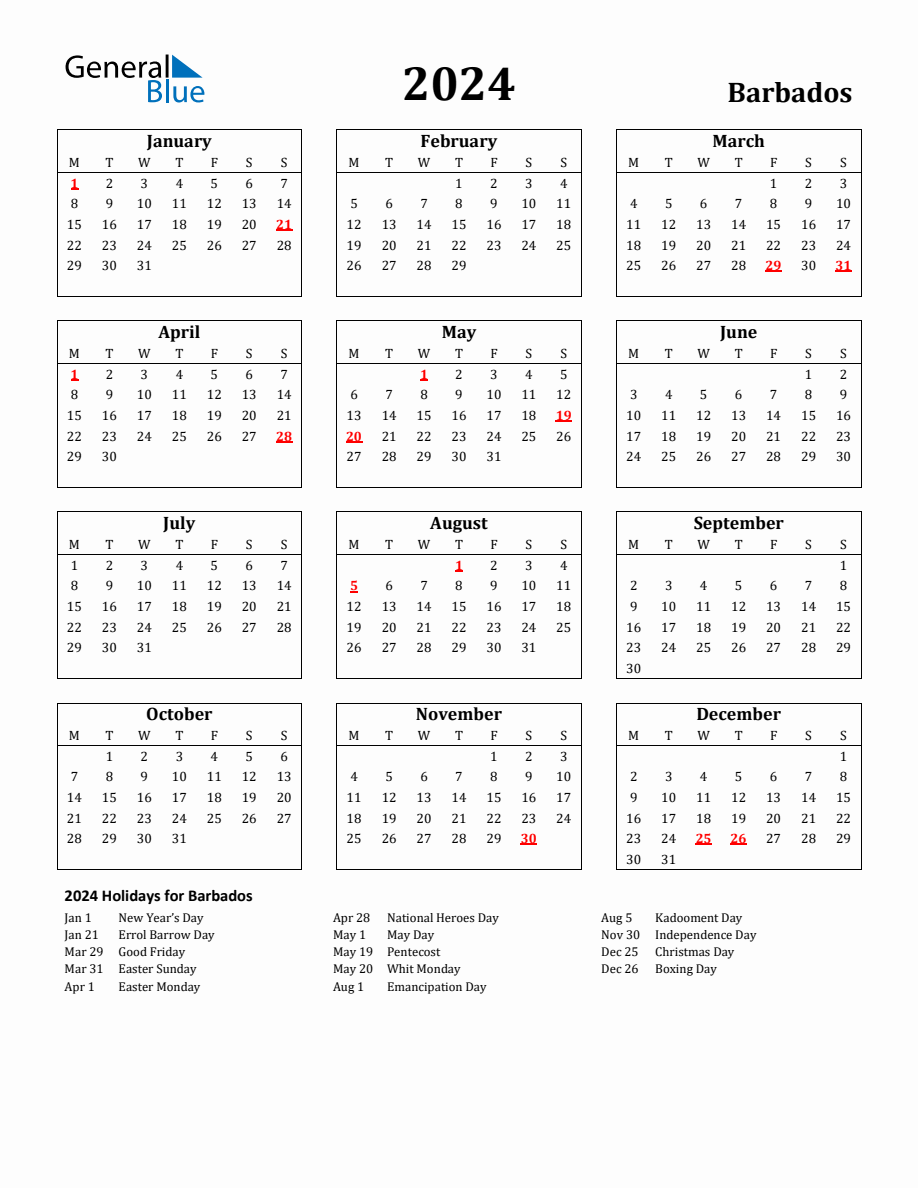 Free Printable 2024 Barbados Holiday Calendar