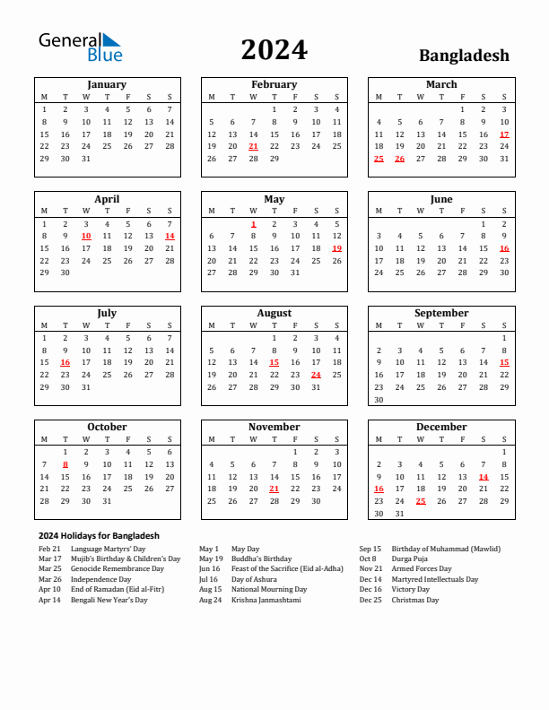 2024 Bangladesh Holiday Calendar - Monday Start