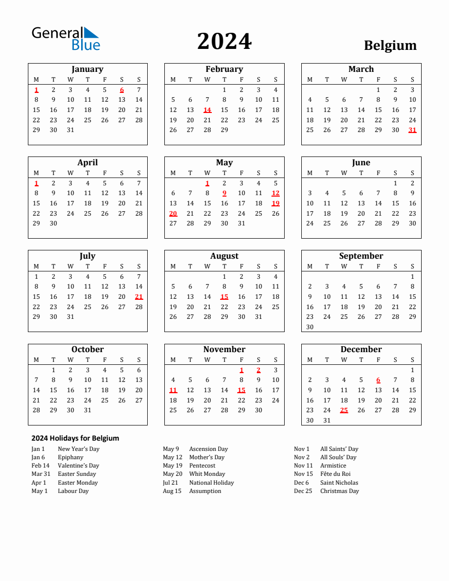 Free Printable 2024 Belgium Holiday Calendar