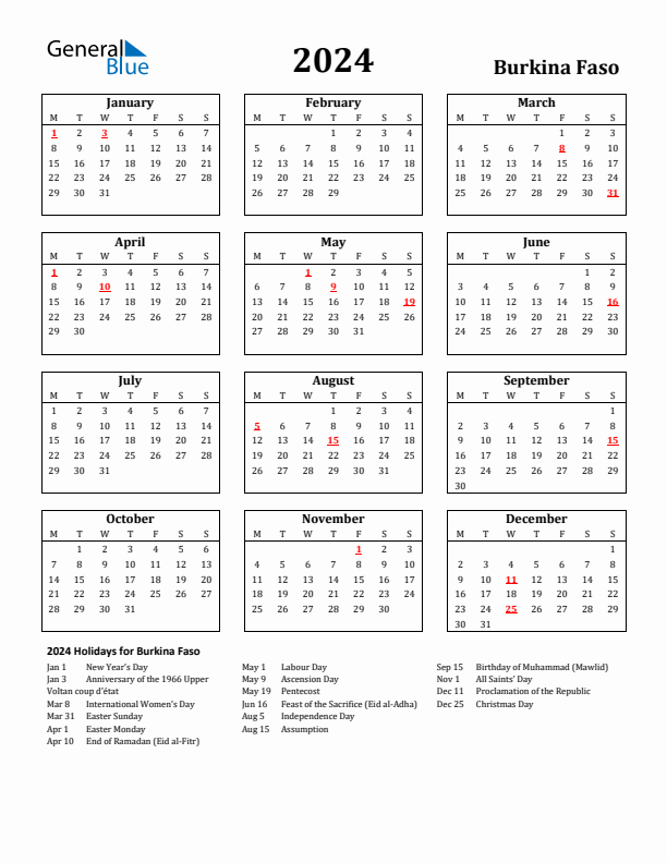 2024 Burkina Faso Holiday Calendar - Monday Start