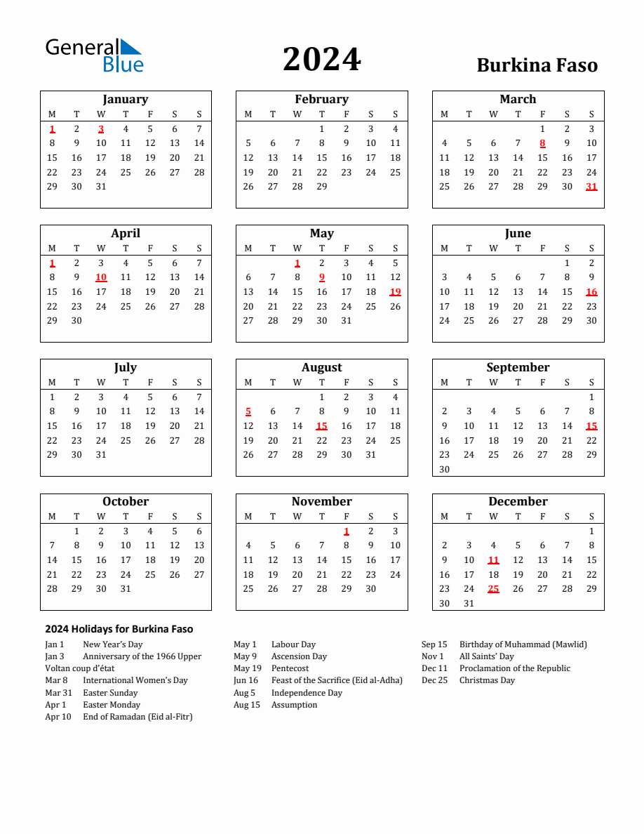 Free Printable 2024 Burkina Faso Holiday Calendar