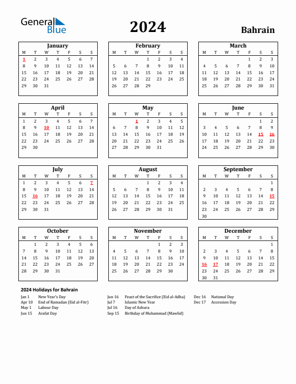 2024 Bahrain Holiday Calendar - Monday Start
