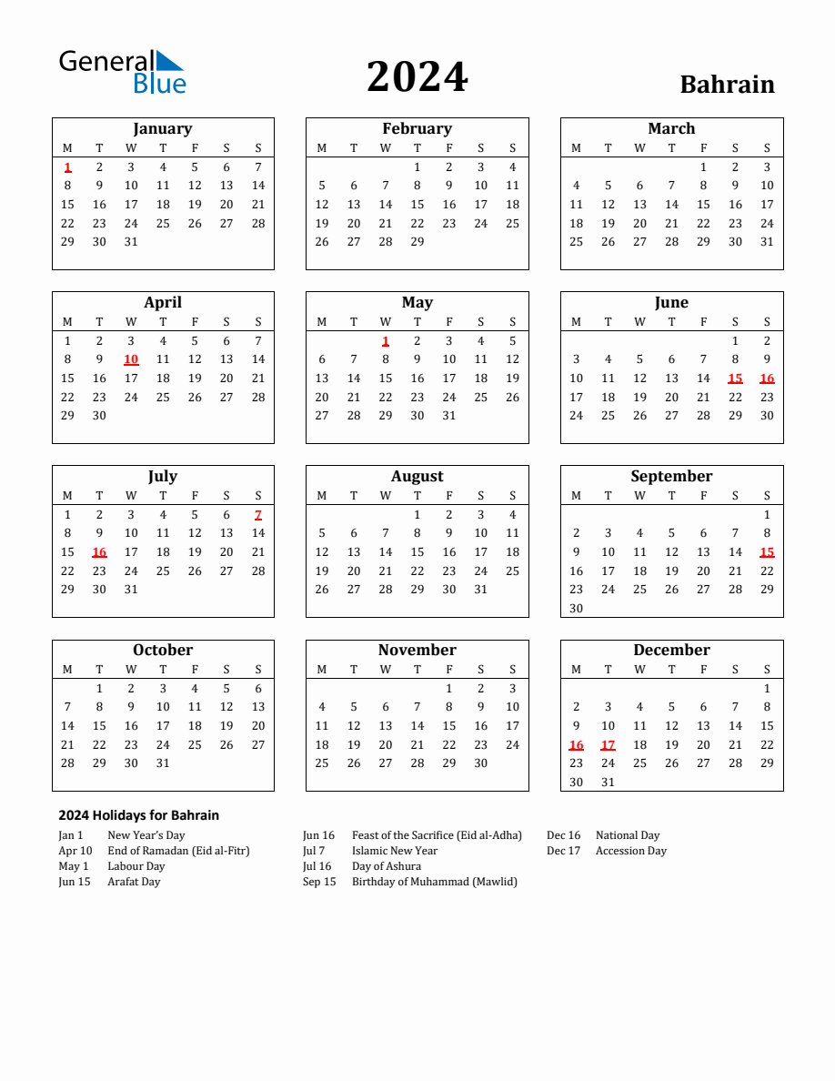 Free Printable 2024 Bahrain Holiday Calendar