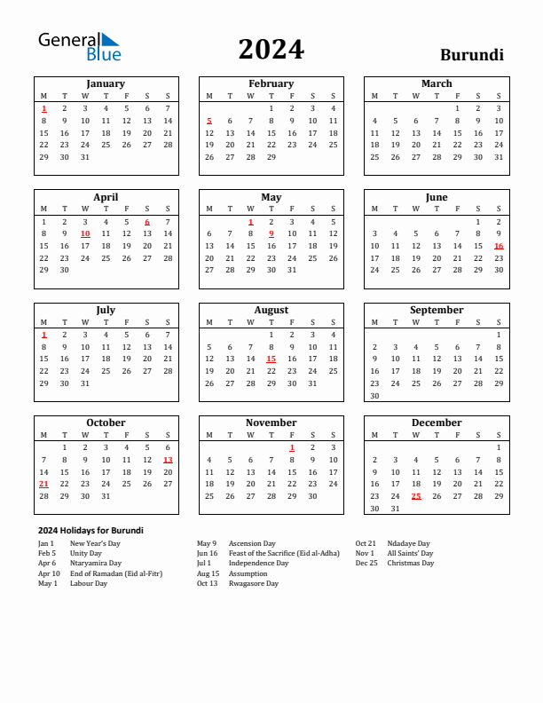 2024 Burundi Holiday Calendar - Monday Start