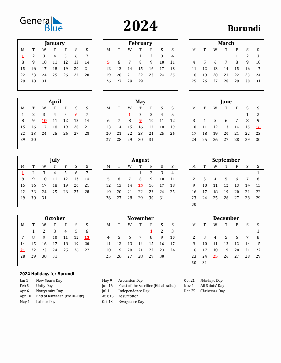 Free Printable 2024 Burundi Holiday Calendar