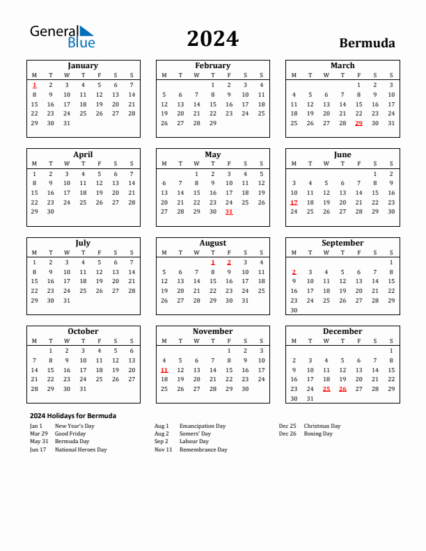2024 Bermuda Holiday Calendar - Monday Start