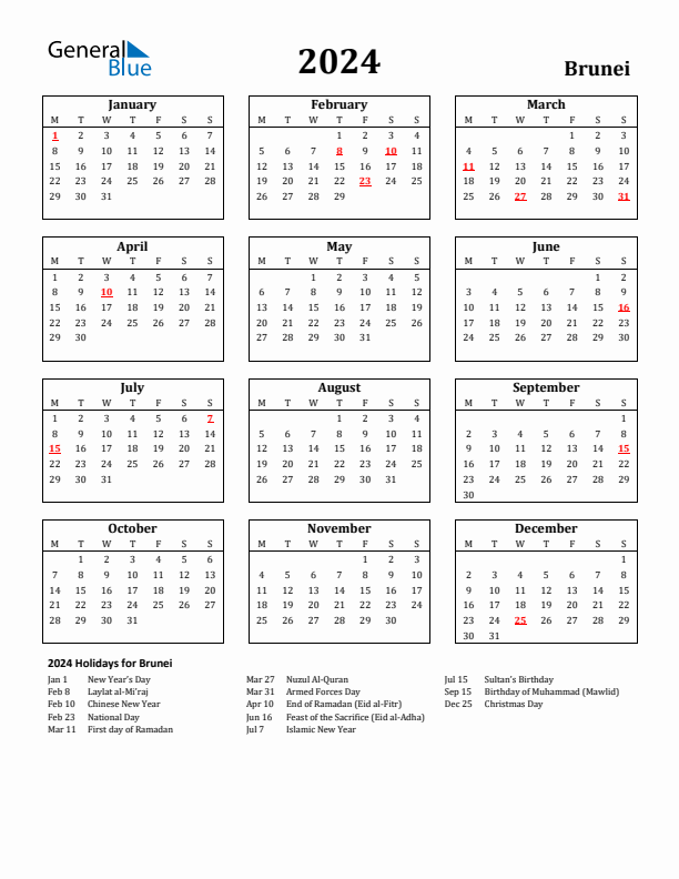 2024 Brunei Holiday Calendar - Monday Start