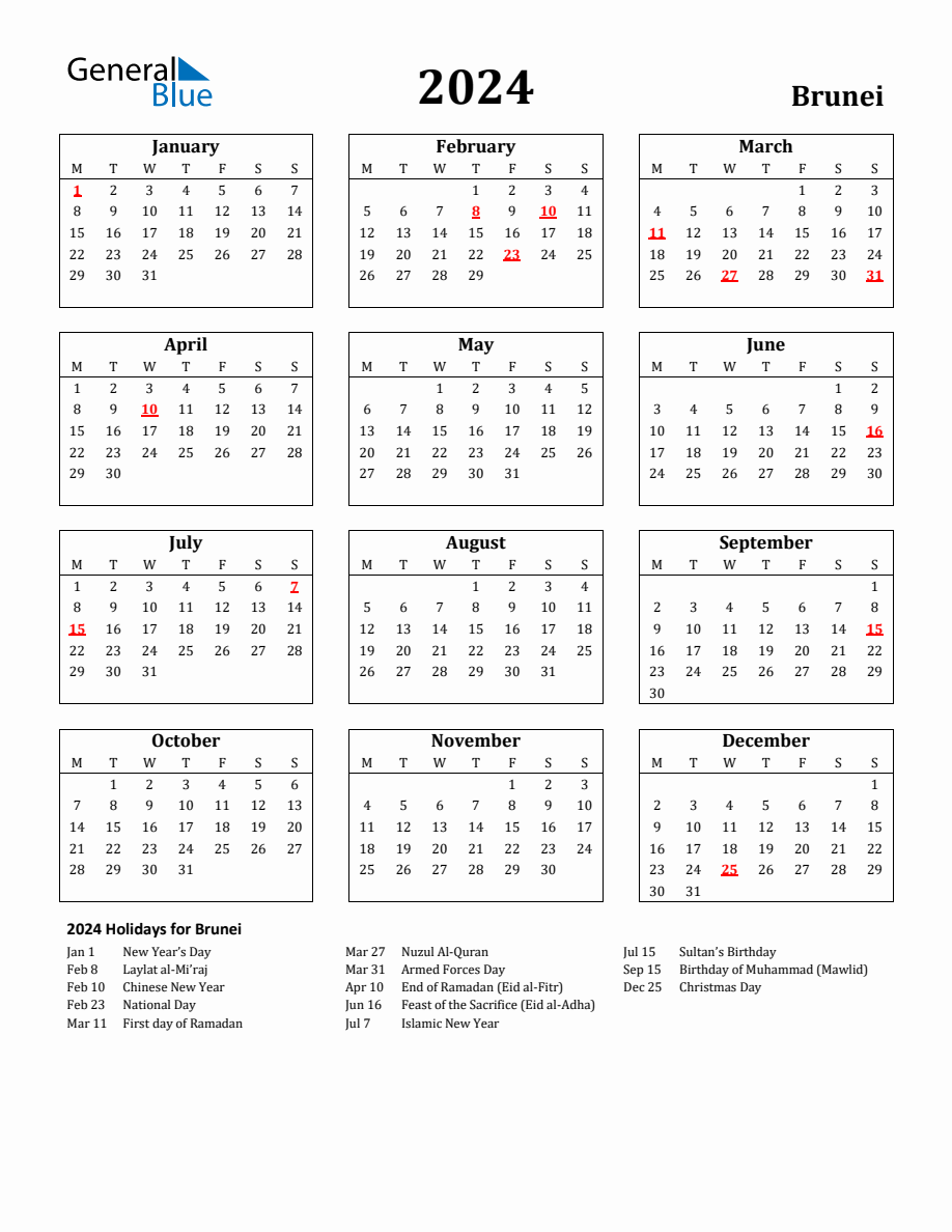 Free Printable 2024 Brunei Holiday Calendar   2024 Calendar Streamlined With Holidays Portrait Monday Start En Bn 918x1188 