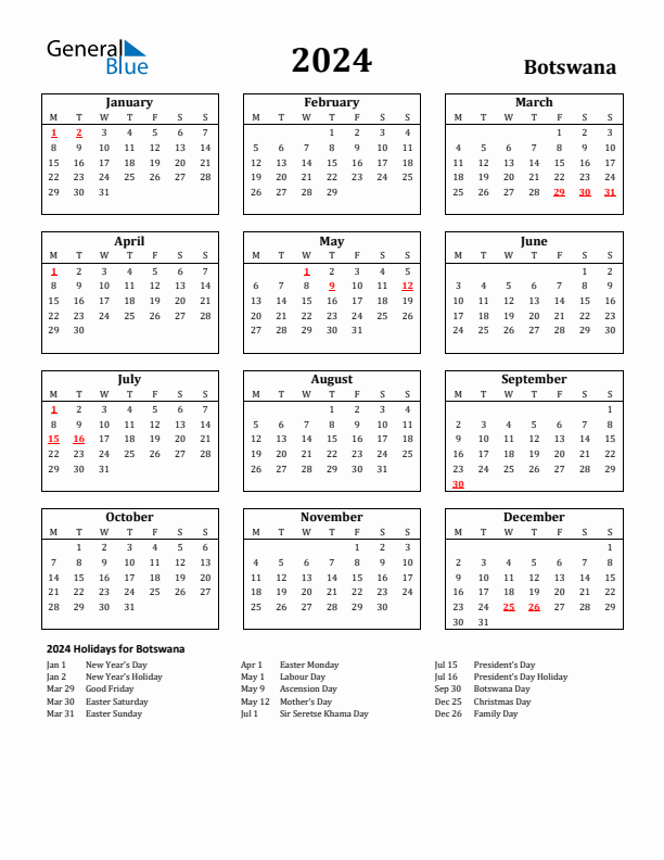 2024 Botswana Holiday Calendar - Monday Start
