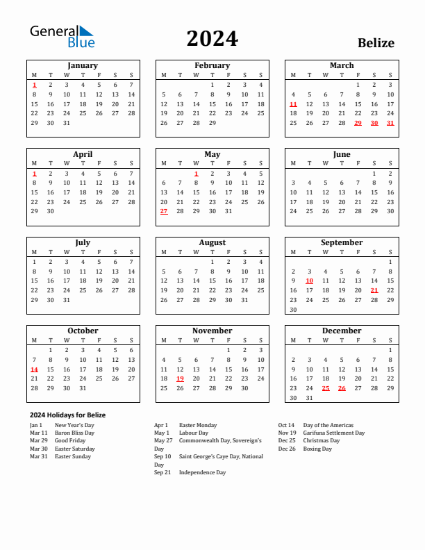 2024 Belize Holiday Calendar - Monday Start