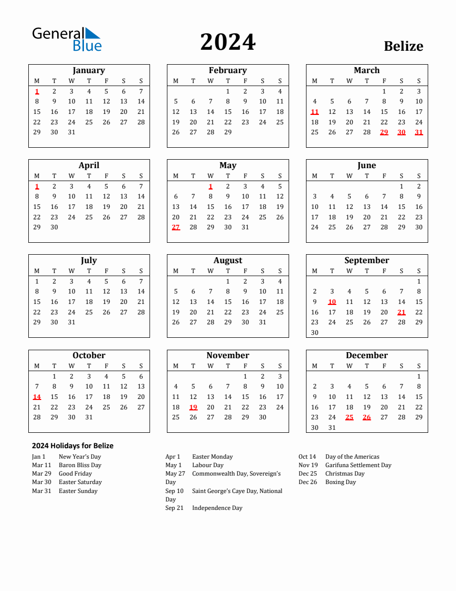 Free Printable 2024 Belize Holiday Calendar