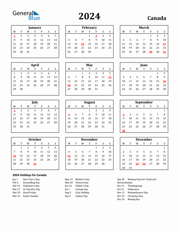 2024 Canada Holiday Calendar - Monday Start