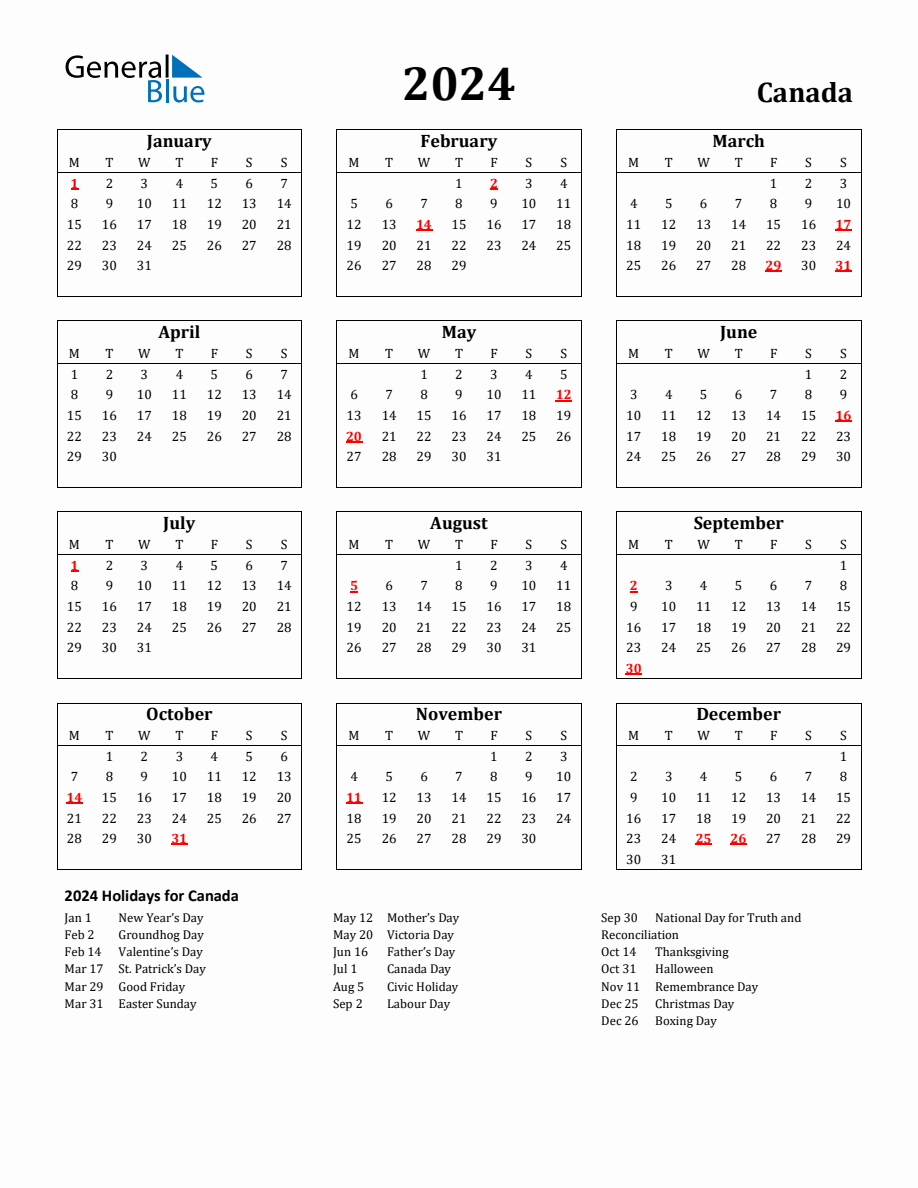Free Printable 2024 Canada Holiday Calendar