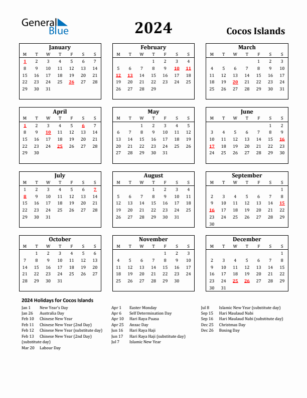 2024 Cocos Islands Holiday Calendar - Monday Start