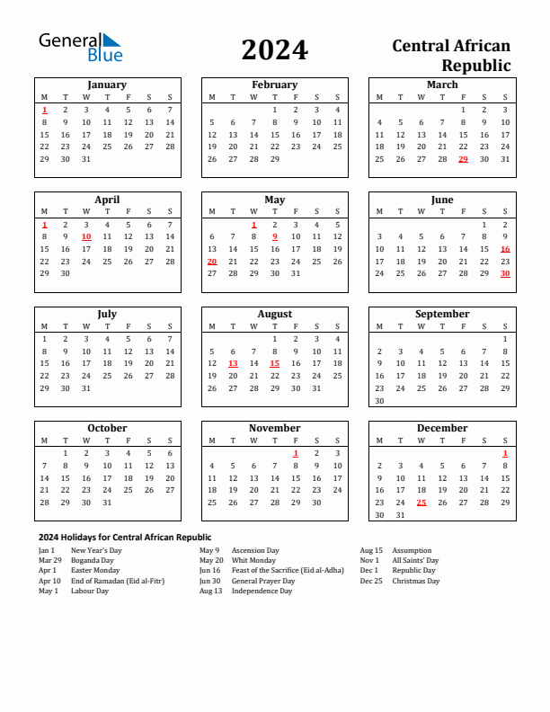 2024 Central African Republic Holiday Calendar - Monday Start