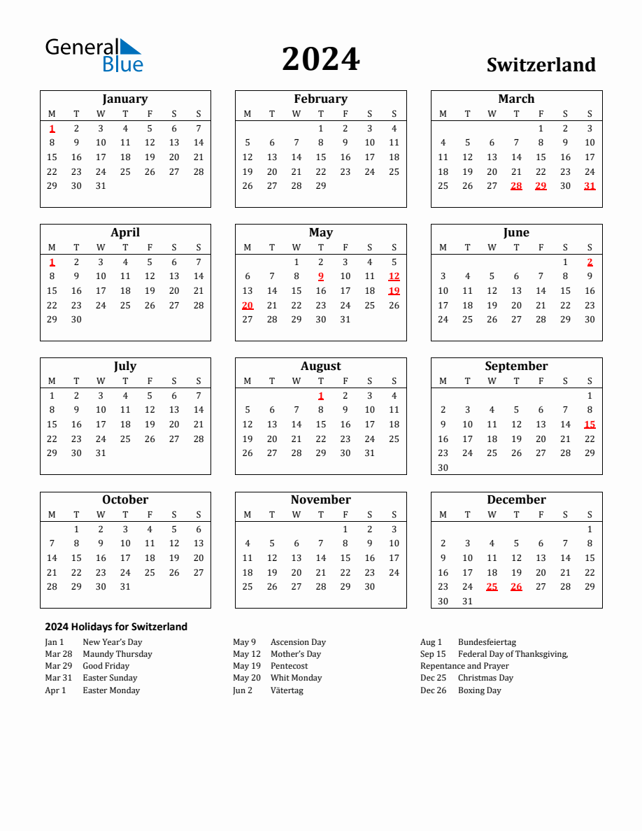 Free Printable 2024 Switzerland Holiday Calendar