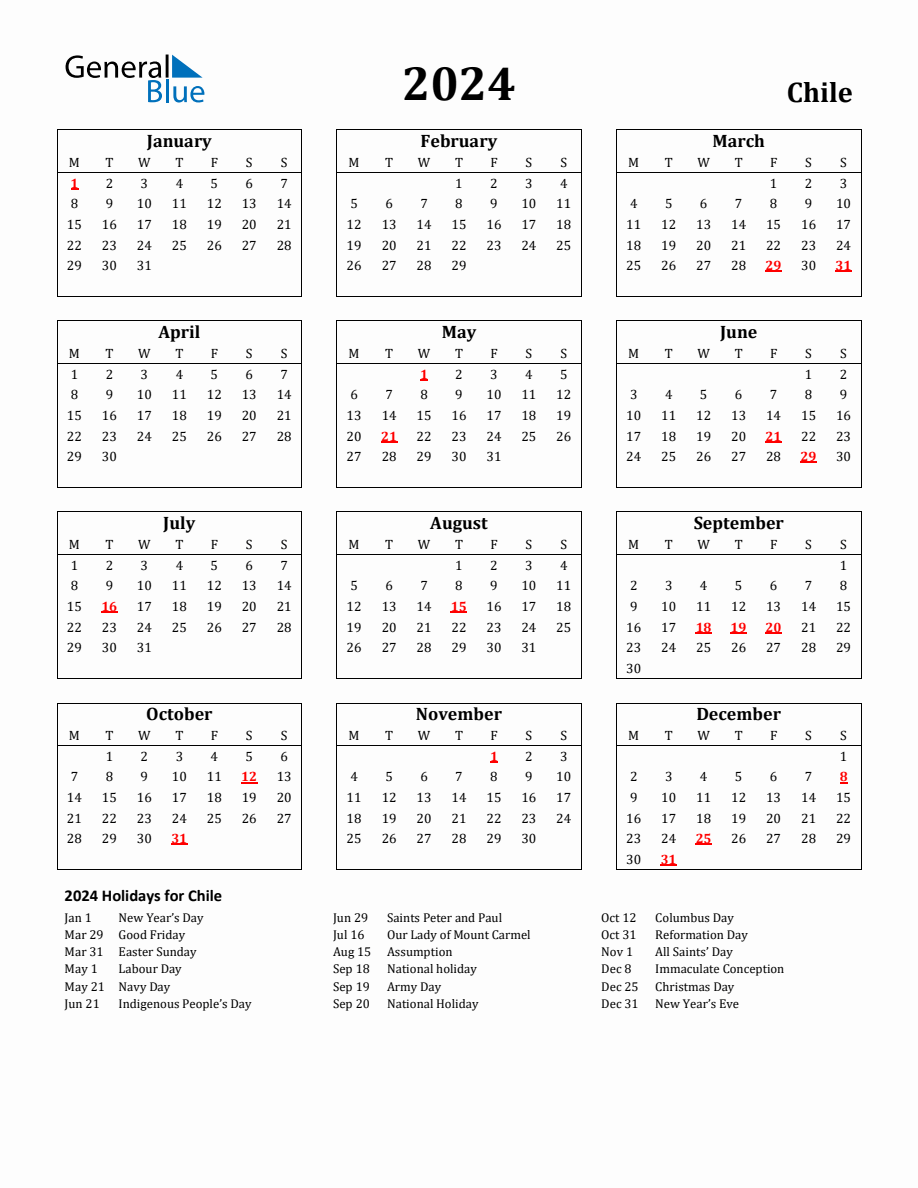 Free Printable 2024 Chile Holiday Calendar