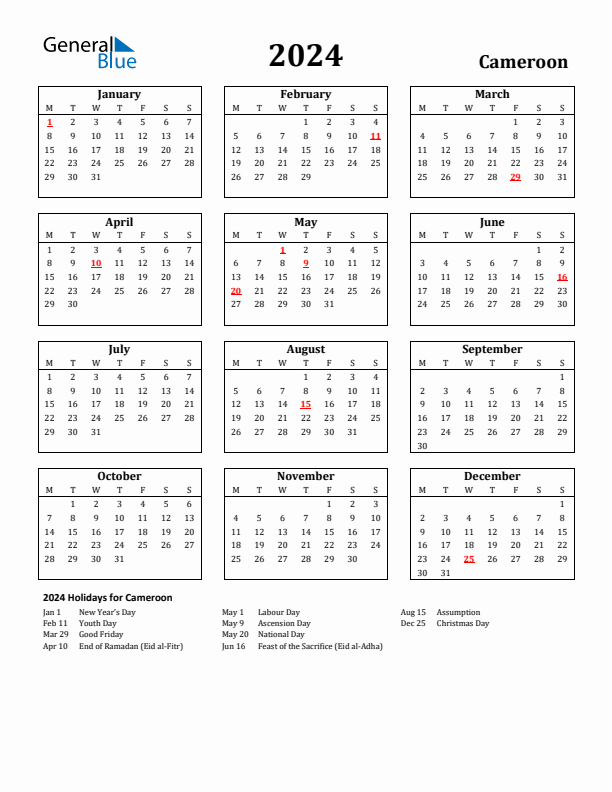 2024 Cameroon Holiday Calendar - Monday Start